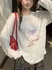 Blusa Branca Estampada com Proteção Solar para Mulheres, Estilo Verão, Camiseta com Caimento Solto e Emagrecedor, Top de Algodão Flocos de Neve Preguiçoso e Levemente Transparente