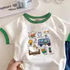 Camiseta de algodón puro de verano para niños con estampado de dibujos animados, manga corta, estilo coreano, elegante y linda, con diseño de bloques de color para niños y niñas