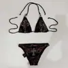 Biquíni Feminino Y2K Punk Retrô Preto e Vermelho Estampa Gótica de Tatuagem com Asas de Cruz e Strass Maiô de Verão