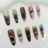 Uñas postizas estilo retro americano con pintura al óleo de gato y planeta en color café lechoso con lindos motivos de mascotas, piezas de uñas terminadas personalizadas
