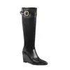 Botas de comércio exterior para outono e inverno, botas de couro versáteis de cano médio com bico fino, sola de borracha, salto plataforma, botas femininas com zíper traseiro, botas de moda transfronteiriças
