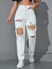 Jeans Populares de Cintura Alta Sueltos Rasgados Transfronterizos para Mujer, Estilo Callejero Europeo y Americano, Pantalones de Pierna Ancha Rectos Desgastados de Marca de Moda