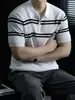 Camisa Polo de Manga Corta a Rayas Finas de Alta Gama con Textura de Gofre para Hombre, Camiseta de Punto Casual Seca y Amigable con la Piel para Verano