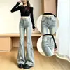 Jeans de mezclilla para mujer con diseño de borde deshilachado azul, lavados y desgastados, nueva colección de otoño, talla petite, estilo high-street, pantalones acampanados