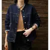 Jaqueta jeans feminina, marca da moda, coleção outono 2026, estilo biker clássico lavado, jaqueta curta de gola redonda