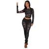 Conjunto Sexy de Ropa Europea y Americana para Mujer al por Mayor, Top de Manga Larga con Encaje Transparente y Patchwork, Pantalones Ajustados