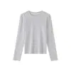 Camiseta de manga larga para mujer de Tencel Lyocell con rayas de contraste, cuello redondo, estilo coreano, holgada y casual, adecuada como prenda interior para el verano