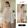 Camisola de Satén Fruncida con Encaje Bordado y Malla, Camisón con Almohadillas en el Pecho y Bata, Conjunto de Ropa para el Hogar 5848