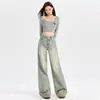 Jeans de Cor Clara de Cintura Alta Wide Leg para Mulheres 2025 Novo Outono e Inverno Versão Reta Solta Estreita Petite Calças Longas com Caimento