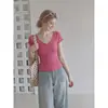 Camiseta rosa ummoi de cuello en V de manga corta, estilo verano, entallada a la cintura, corte ajustado, top corto para mujer