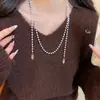 Collar de Perlas con Lazo de Diamantes Multicapa para Mujer Cadena de Clavícula Simple Retro Francesa Atmósfera de Lujo Puro Otoño e Invierno
