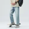 2025 Nueva Marca Americana de Moda Callejera Pantalones Rectos Sueltos Jeans Cropped Lavado Vintage Azul Claro Algodón