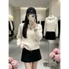 Cardigã de malha com zíper e gola estilo universitário para mulheres, novo modelo outono e inverno, com padrão de tranças e cores contrastantes, jaqueta suéter solta de manga comprida, moderno