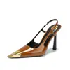 Tacones de aguja color dorado con punta de hierro, sandalias femeninas de punta cuadrada, con talón cerrado y talón abierto, elegantes y versátiles, tacones altos cómodos