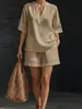 Traje Casual Europeo y Americano Verano Nuevo Cuello en V Manga Corta Pantalones Cortos de Cintura Elástica Color Sólido Simple Ropa para Mujer Transfronterizo Amazon