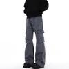 Calça jeans casual americana retrô desconstruída com vários bolsos e micro chifres, masculina, de alta qualidade, solta, versátil, com estilo, calça comprida