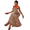 Vestido Cruzado para Mujer Estilo Europeo y Americano con Estampado de Leopardo, Corte Ajustado, Patchwork, Falda Bodycon, Cuello Halter, Sin Mangas, Elegante Vestido de Estilo Callejero