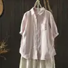 Linda e Super Bonita Camisa 2026 Verão Nova Roupa Feminina Rosa Algodão Linho Gola Estilosa Redutora de Idade Manga Curta Top