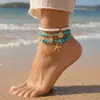 Tobillera tejida de aleación con colgante de estrella estilo bohemio vacacional, con turquesa, concha de estrella de mar, juego de 2 piezas unisex