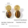 Aretes de Acero Inoxidable de Titanio con Piedra Ojo de Tigre, Estilo Retro Europeo y Americano, No se Desvanecen, Pulidos, Chapados al Vacío en Oro de 18K
