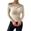 Ropa para Mujer Europea y Americana Sexy Atrevida Moda Hombros Descubiertos Bodycon Manga Larga Adelgazante Fruncido Irregular Camiseta Top de Manga Corta