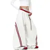 Pantalones Jogger de Retazos Rayados Color Block con Doble Cintura Estilo Retro Americano para Mujer, Pantalones Deportivos de Pierna Ancha para Danza Jazz