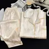 Série - Novo Conjunto de Pijama Jacquard de Seda Gelada para Primavera e Outono para Mulheres, Manga Longa, Calça Longa, Cardigã, Conjunto de Roupa para Casa com Alta Textura