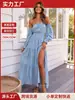 Vestido Longo Boho de Uma Manga Comprida, Cintura Elástica, Barra Larga com Fenda, para Férias na Praia, Personalizado, Transfronteiriço, Europa e América