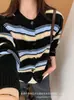 Cardigan de Tricô Listrado Color Block Retrô Estilo Coreano Feminino Outono Inverno Novo Versátil Gola Redonda Solto Estilo Preguiçoso Casaco Suéter