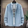 Camisas de Mezclilla de Color Puro Estilo Japonés Ultradelgadas de Manga Larga para Hombres y Mujeres en Moda de Primavera y Otoño, Camisas y Chaquetas Casuales Sueltas Simples