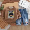 Roupas Infantis Meninos Primavera Calças de Manga Longa Conjunto de Duas Peças Casual Primavera e Outono Fofo Gola Redonda Manga Longa Conjunto de Duas Peças
