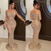 C6198 AliExpress Amazon Vestido de manga larga con diamantes de imitación transparentes de malla de color liso para mujer, moda europea y americana