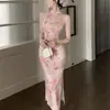 Cheongsam mejorado de estilo chino transfronterizo, sin mangas, hombros descubiertos, vestido de cuello halter, para mujer, de verano, entallado a la cintura, vestido largo con abertura