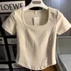 Camiseta de Manga Curta para Mulheres, 40 Fios de Algodão Puro, 210g, 92% Algodão/8% Elastano, com Gola Quadrada e Costura Visível