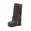 Botas de outono, botas de cavaleiro Maillard, botas longas da moda com sola grossa de cano alto e perna larga para mulheres baixinhas