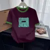 Camiseta de Algodão com Blocos de Cor Tendência, Gola Redonda, Manga Curta para Mulheres, Nova Peça Versátil de Verão para Jovens, Base de Moda