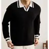 Ropa para hombre con cuello de color bloque, top de punto para hombre, polo de manga larga para hombre, moderno, de alta gama, corte ajustado