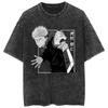 Camiseta retro lavada de hip hop callejero con animación de cinco vías, encantamiento, batalla, gráfico, informal, de algodón, de verano, de manga corta
