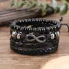 Pulsera de Cuero Tejido Multicapa con Símbolo del Infinito Europeo y Americano, Cuentas de Madera Negras, Cordón de Cuero Vintage, Accesorio Unisex