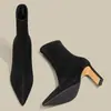 Botas Altas Jinbukang Otoño 2025 Nuevas para Mujer, Botas Ajustadas con Tacón Grueso, Botas Elásticas de Gamuza de Caña Alta, Tacones Altos de Punta