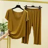 Nuevo Conjunto de Manga Corta de Modal + Pantalones Cortos para Mujer, Holgado y Adecuado para Usar al Aire Libre, Conjunto de Dos Piezas con Pantalones Cortos Casuales con Volantes