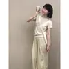 Camiseta Lisa Simples Feminina Ombro Algodão Puro Manga Curta Top com Verão Drapado Cintura Alta Emagrecimento Calças Yamamoto