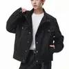 Jaqueta jeans de design retrô americano com gola alta para homens, marca da moda, estilosa e descolada, preta, corte solto, casaco curto versátil para homens