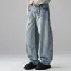 Jeans de brim da moda estilo americano para homens, perna reta, nova coleção primavera/outono, perna larga, lavagem curva, estilo high-street, calças compridas de corte solto