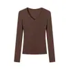 Camiseta de manga longa com decote em V para mulheres, blusa básica slim fit para outono e inverno, top estiloso e moderno que afina a cintura para usar por cima