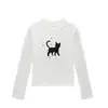 Camiseta de mujer de color albaricoque, cuello redondo, hombros normales, manga larga, nuevo estilo primavera y otoño, estampado de gatito de dibujos animados, top juvenil y versátil de corte ajustado