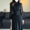 Vestido de Malla Patchwork Estilo Francés Nuevo de Primavera y Otoño con Mangas de Farol para Mujer, Estilo Hada, Fluido, Cuello Alto, Ceñido a la Cintura, Línea A, Largo