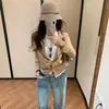 Cardigan de Tricô de Lã Feminino Leatherc, Estilo Outono Old Money, Top Suéter Falso Duas Peças com Patchwork de Linho e Gola Alta