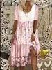Exportación Transfronteriza Amazon Europeo y Americano Aliexpress Wish Vestido de Verano de Manga Corta Estampado Cuello Redondo Ropa para Mujer