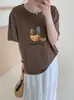 Camisa de Algodão de Bambu Solta Feminina Gola Redonda Manga Curta Versátil Emagrecedora Floco de Neve Algodão Direto da Fábrica